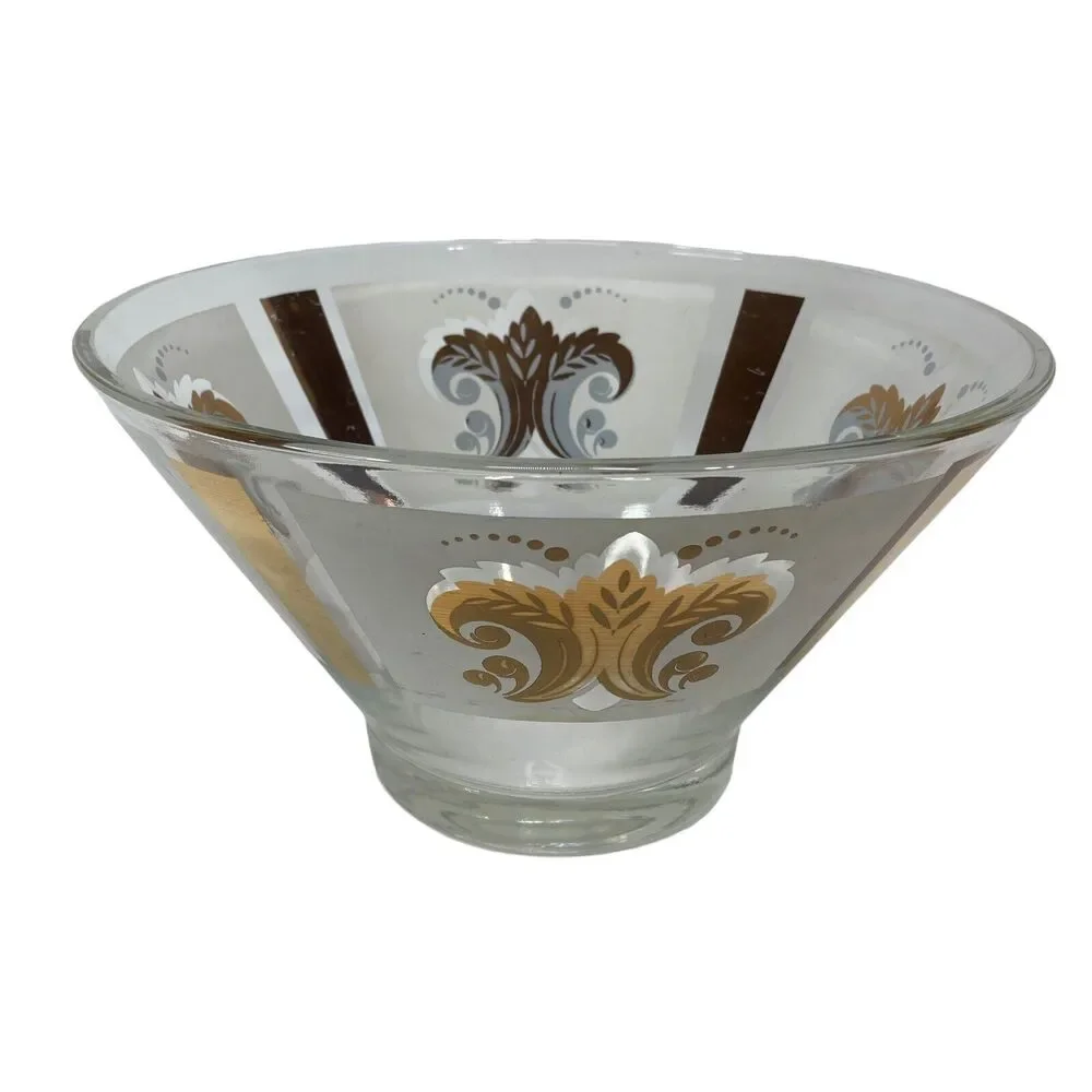 Vtg MCM Gilt Gold Fleur De Lis Wheat Medallion Salad Chip Bowl Libbey Clear Gold